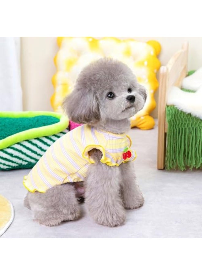 CLENEA 2 Pack Striped Small Dog T-Shirt, Cute Cherry Design, Breathable Soft Cotton Sleeveless Vest for Small Dogs and Cats, Spring and Summer Doggy Outfits (Pink + Yellow, Large) - Image 4